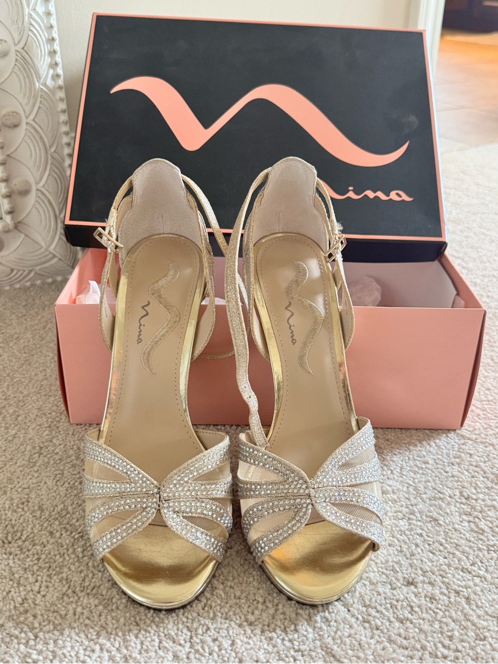 Nina Gold Rhinestone Open-Toe Ankle-Strap Heels